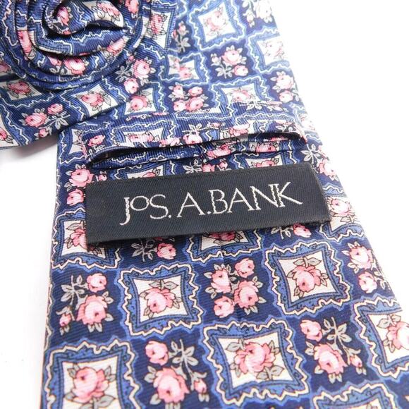 Jos. A. Bank Pink & Blue Woven Framed Floral Flower 100% Silk Tie 3.125 x 60" - Picture 5 of 5